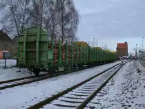 Mit Holz beladene Laaps-Wagen standen,am 24.Januar 2013,im �bergabebereich zum Stralsunder Nordhafen.