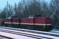 204 347-9+204 311-5 mit Holzzug von Rostock-Bramow nach Stendal-Niederg�rne abgestellt im Bahnhof Rostock-Bramow.25.01.2013 
