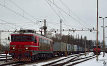 S 363-015 mit Containerzug wartet in Pragersko fr Weiterfahrt Richtung Hafen Koper. /29.1.2013