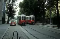 Wien WVB SL 40 (E1 4474) / SL 9 (E 4618) Wallrissstrasse im Juli 1992.