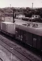 Sommer 1987, Bernau bei Berlin. Unten: Inzwischen entfernter Kilometerstein 22.4. Die Wagen geh�ren zum Pankower Nahg�ter 63102, dessen 106er bereits daneben steht. Das Formsignal N diente nur als Haltbegriff - Ausfahrten Richtung R�dnitz waren gleistechnisch nicht m�glich.