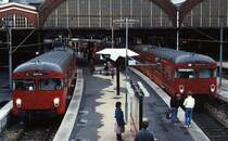 Zwei Z�ge der S-Bahn Kopenhagen treffen sich im Hauptbahnhof, Fr�hjahr 1987