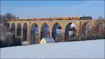 Am 26.01.2013 rollt 142 001 mit Containern zum Kokstransport zur�ck in das tschechiche Kohlerevier bei Ostrava. Unter strahlend blauem Winterhimmel �berquert der Zug hier gerade das Frankensteiner Viadukt bei Freiberg.
