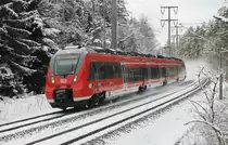 442 237 der S-Bahn N�rnberg f�hrt am 09.02.13 als S1(S 39159) nach Hartmannshof, durch den verschneiten Winterwald zwischen Lauf und Ottensoos.