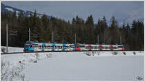4024 102 und 4024 128  voestalpine skygate  Talent fahren als Shuttlezug SR 9395 bei der Alpinen Ski WM 2013 in Schladming. 
Weienbach 10.2.2013