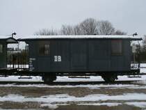 Zweiachsiger Gepckwagen war im Einsatz auf der Schmalspurstrecke Bergen/Rgen-Altenkirchen abgestellt in Putbus.Aufgenommen am 17.Februar 2013.