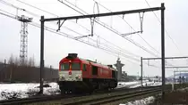 Die Class 66 DE6312  Alix  von Crossrail f�hrt als Lokzug nach Aachen-West. Aufgenommen in Montzen-Gare(B) bei Wolken am Kalten 28.2.2013.