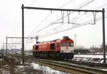 Ein Nachschuss von der Class 66 DE6312  Alix  von Crossrail f�hrt als Lokzug nach Aachen-West. Aufgenommen in Montzen-Gare(B) bei Wolken und Schnee am Kalten 28.2.2013.