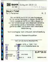 Bayern-Ticket f�r 2 Personen, gel�st am 06.01.13 im Hofer Hauptbahnhof (Originalbeleg).
