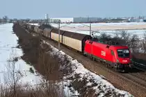 1116 016, unterwegs mit einem Ganzzug Richtung Osten. Die Aufnahme entstand am 16.02.2013 zwischen Himberg und Gramatneusiedl.