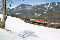 Auf der Apfelwiese am Eichberg mit Schneeberg im Hintergrund f�hrt 1144.275+1116.142 mit GAG-49413 am 3.3.13 bergw�rts