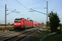 146 110-2 mit einem RE nach Basel Bad. Bf am 20.10.12 kurz nach der Durchfahrt Buggingen.