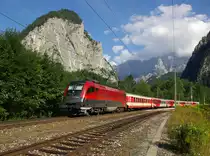 Die Railjet 1116 221 schob am 23.08.2009 REX 3295 durch das Ennstal und wurde von mir beim  Ges�use Eingang  fotografisch festgehalten.