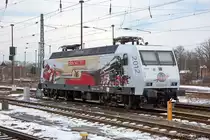 145 023-6 PRESS  125 Jahre Fleischmann  (145 083-2) stand in Stendal abgestellt und hatte die Sonntagsruhe genossen. 17.03.2013