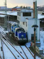 15. M�rz 2013 Cottbus, zwei abgestellte Dieselloks  der AHG, die vordere ist Lok 01 mit der NVR-Nummer D-AHG 98 80 3202 098-0,  die hintere ist Lok 4 mit der
NVR-Nummer D-AHG 98 80 3201 067-6 vorm W�rterstellwerk 24.


