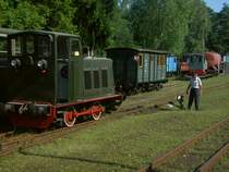 Die Diesellok macht sich in Rauden (Rudy) im Sommer 2012 auf, Anhnger mit Ausflugswaggongs anzukuppeln. Der Lokfhrer und in Personalunion Weichensteller bereitet alles vor.