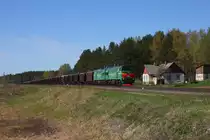 Der kleine Landbahnhof Kukas in Lettland liegt idyllisch und sehr 
fotogen unweit der vorbeif�hrenden Hauptstra�e Riga - Rekzene am 
Waldrand. Er dient vornehmlich als Kreuzungsbahnhof. Am 1.5.2012
wartete bei unserer Ankunft gerade 2T310Y-0215 mit einem G�terzug 
nach Rekzene auf einen Gegenzug.