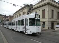 Der neue Clariant Werbezug mit dem Be 4/4 493, dem B 1501 S und dem B 1460 auf der Linie 14 in voller Fahrt Richtung Haltestelle Bankverein. Die Aufnahme stammt vom 21.03.2013.
