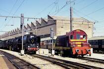 Eine deutsche Dampflok und eine luxembourgische Diesellok auf einem Bild!
01118 und dahinter noch zu erkennen 011066 trafen am 7.9.1966
die Diesellok CFL 804 im Hauptbahnhof Luxembourg. Die beiden  Dampfer  hatten
einen schweren Sonderzug aus Deutschland zum Jubil�um in die luxembourgische
Hauptstadt gebracht. Bei ihrer Ankunft stand zuf�llig CFL 804 parallel
dazu und rangierte gerade eine CFL Garnitur.