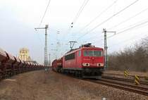 Am 03.04.13 ist 155 252-0 mit einem gemischten G�terzug kurz vor R�derau am Kieswerk Zeithain unterwegs.