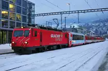 Die Lok HGe 4/4 II  T�schhorn  der BVZ/MGB ist eine schmalspurige gemischte Zahnrad-und Adh�sions-Lokomotive.Im Bild am Bahnhof Brig am 27.12.11.