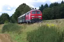 Landpartie - Das Ostertal im S�dosten des Saarlandes gelegen ist gepr�gt von Wiesen und Feldern. Nur kleinere Waldgebiete unterbrechen den Hauptwesenszug der Landschaft.

V 160 Dieselpower war am 25 August 2012 zum Jubil�um auf der Ostertalbahntal angesagt. 75 Jahre Ostertalbahn.

225 811-9 (218 011-5) brachte ihren Zug aus Ottweiler/Saar, hier bei F�rth im Ostertal, nach Schwarzerden.

Die Ostertalbahn wurde 1937-1938 fertig gestellt und 1988 wurde der Personenverkehr eingestellt.

Im G�terverkehr wurde noch das Wehrtechnikwerk der Firma Diehl in Schwarzerden bedient, dort werden Panzer instand gesetzt. Der Anschlu� besteht noch.

1998 sollte die Strecke still gelegt werden aber der Landkreis St.Wendel �bernahm die Strecke und es gibt nun regelm��ig Museumsbetrieb durch den Arbeitskreis Ostertalbahn.
Bahnstrecke 3204 Ottweiler - Schwarzerden