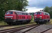 Landpartie mit V 160 - 
Gleich zwei Diesel der V 160 Baureihe waren am 25.08.2012 im l�ndlichen Ostertal unterwegs.

Hier zeigen sich auch im Detail die kleinen Unterschiede der beiden Baureihen.

225 133-8 (ex 215 133-0) - 225 811-9 (ex 218 011) im Bahnhof Schwarzerden.