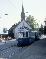 Z�rich VBZ Tram 5 (Be 4/4 + B) Kirche Fluntern im August 1986.