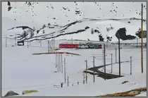 Charakteristisch f�r die Berninalinie sind die vielen Strom- und Fahrleitungsmasten, die bei der gewundenen Linienf�hrung noch zahlreicher erscheinen. R1621 nach Poschiavo mit den Triebwagen 53  Tirano  und 51  Poschiavo  hat soeben die Arlas Gallerie verlassen.  (18.04.2013)