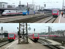 Kameraschwenk nach S�den auf die Bahnsteige des Ulmer Hauptbahnhofs am 5.4.13. Ganz links ein ICE nach Stuttgart, daneben die blaue 185 523, 650 111 und 611 524. 