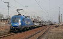 1116 911 der mwb fuhr am 08.04.13 mit einem BLG-Autozug durch Eilenburg Richtung Halle/Leipzig. 