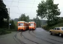 Trogenerbahn: Zwei TB-Pendelz�ge der Baureihe BDe 4/8 treffen sich am 27. Juni 1980 zwischen Speicher und St. Gallen.