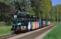 Neues Werbetram. Der Be 4/6 S 667 macht Werbung f�r die ICE Uhren. Hier f�hrt der Wagen zur Haltestelle Lerchenstrasse. Die Aufnahme stammt vom 25.04.2013.
