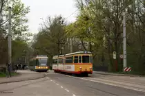 Zugbegegnung auf der Altrheinbr�cke in der Hermann-Schneider-Allee, Karlsruhe. TW 214 auf Sonderfahrt begegnet dem TW 222 nach Hauptbahnhof. Aufgenommen am 21.04.2013.