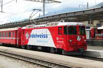 Ge4/4 II 618 im Design der Ferienfluggesellschaft  edelweiss  am 04.05.13 in Landquart.Der Zufall will es,das ein Pilot von  edelweiss  zu 20% als Lokf�hrer bei der RhB arbeitet.