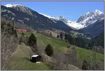  Die kleine Rote  wird sie auch genannt, die RhB. R1444 mit ABe 8/12 3504 zwischen Peist und St.Peter-Molinis. (25.04.2013)