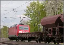 Durch den gr�nwei�en Dschungel am Bahnhof von Eschweiler ist dieser G�terzug unterwegs in Fahrtrichtung K�ln. Anfang Mai 2013 entstand dieses Foto als Nachschu�.