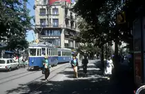 Z�rich VBZ Tram 6 (Be 4/4 + B) Bahnhofstrasse / Sihlstrasse im August 1986.