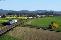 Die 185 536-0 mit einem Containerzug Richtung Norden bei Kollmarsreute. Aufgenommen am 25.04.2013.