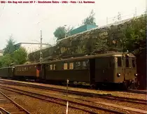 SRJ - Stockholm Roslag J�rnv�gar,jetzt einfacher SL, irgendwann in 1981.
Dieser Zug, mit zwei XP 7 Motorwagen und einem Beiwagen inzwischen, wartet f�r einen neuen Dienst in Stockholm �stra (Ostbahnhof). Dieser Netz (Spurweit 891 mm) war fr�her sehr gross : bis Uppsala, Hallstavik und Norrt�lje aber nur teilweiser elektrifiziert.  Es bleibt nur zwei Linien, mit modernen Material. 
Foto: J.J. Barbieux
