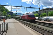 Gegenlichtaufnahme des IR 2284 bei Einfahrt in Bellinzona. Die Re 460 094-6 zieht eine 11 teilige Komp, mit IC Bt an der Spitze, Richtung Z�rich, 11.05.2013.