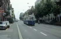 Z�rich VBZ Tram 10 (Be 4/4 1380) Universit�tstrasse im August 1986.