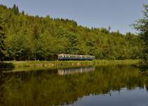 Die Wanderbahn VT 07 + VS 28 bei einer Sonderfahrt von Viechtach nach Gotteszell am 19.05.2013 bei Gumpenried-Asbach.
