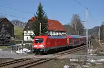 182 018 (91 80 6182 018-2 D-DB) + Dosto als S1 (37729) von Mei�en nach Sch�na am 05.03.2013 bei Kurort Rathen