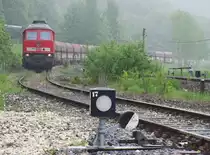 Am nebligen Morgen des 17.05.2013 zieht 232 703-9 auf dem Ladegleis in Roßberg Wagen für Wagen vom Typ Falns weiter, damit diese nacheinander mit Kies befüllt werden können. Links im Hintergrund ist ein Teil der Förderanlage zu sehen, die den Kies vom nahegelegenen Kieswerk zu den Wagen befördert.