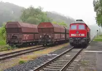 Seit 2013 ist nicht mehr die Baureihe 225 vor dem „Ro�berger Kieszug“ im Einsatz sondern die Baureihe 232. Nachdem 232 703-9 die leeren Sch�ttgutwagen vom Typ Falns von Friedrichshafen nach Ro�berg gezogen und aufgeteilt hatte, setzt sie um, um den ersten Teil zur Beladung in das Ladegleis zu schieben (17.05.2013).