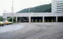Stuttgart SSB Strassenbahnbetriebshof Heslach am 1. Juli 1980.