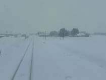 Akita Nairiku Bahn, S�dabschnitt: Im heftigsten Blizzard f�hrt Wagen 8805 auf seiner Fahrt nach Norden durch die Hochebene von Zentral-Akita; bei Ugo �ta, 14.Februar 2013. 