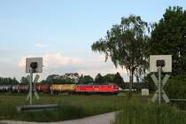 Seit dem 05.06.13 sind wieder 3 Loks der BR 232 von M�hldorf aus im Einsatz. Diesmal handelt es sich um die altbel�ftete 232 117-2 und die beiden 232 426-7 und 654-4. 
Letztere konnte ich am 06.06.13 bei Markt Schwaben mit ihrem Kesselzug Richtung M�nchen fotografieren. Dort treffen sich die Strecke aus M�hldorf und die S-Bahn-Strecke aus Erding. 
Die Sonne gab ihr Bestes und ausgerechnet als der Zug kam, versteckte sie sich hinter einer kleinen Fotowolke...