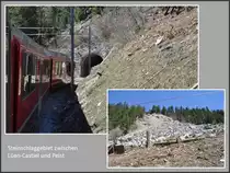 Der R1444 passiert die Steinschlagstelle oberhalb von L�en-Castiel, die noch etwas bedrohlich aussieht. Sicht bergauf aus dem Zugsfenster. (25.04.2013)